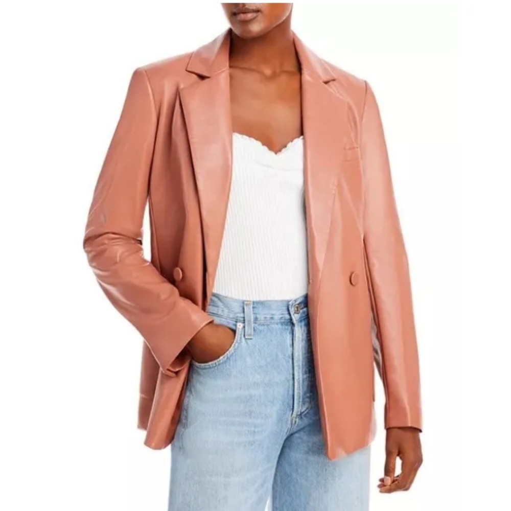 Jonathan Simkhai Nisha double breast boxy blazer jacket Pecan brown faux leather